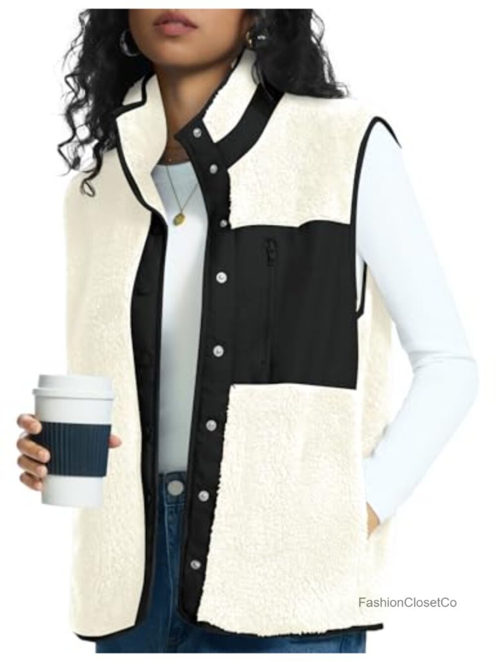 Sherpa Fleece Vest Snap Button Sleeveless Lightweight Fall Winter Layering